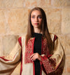 Linen and burgundy silk embroidered Abaya